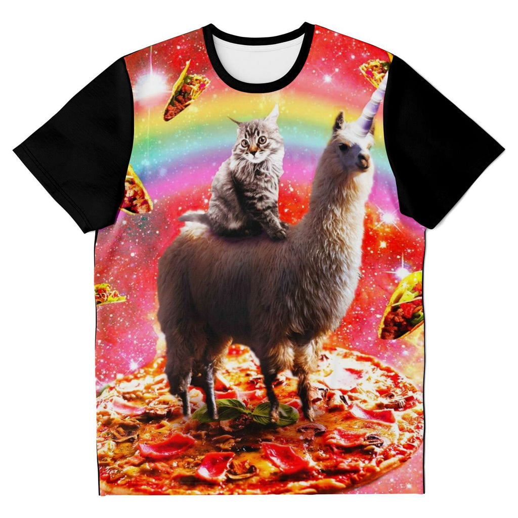 Cosmic Cat Riding Alpaca Unicorn AOP Unisex T-shirt