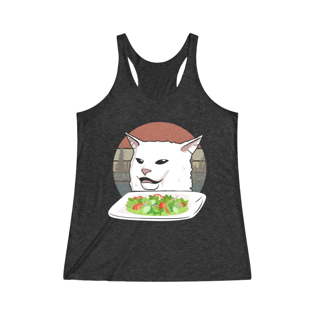 Cat Eats Salad Meme Women's Tri-Blend Racerback Tank Top