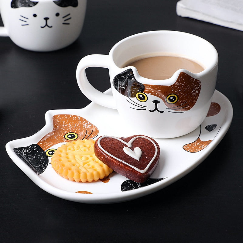 Cute Cat Ceramics Coffee Mug Set