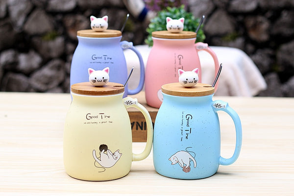 Cartoon Ceramics Cat Mug With Lid and Spoon