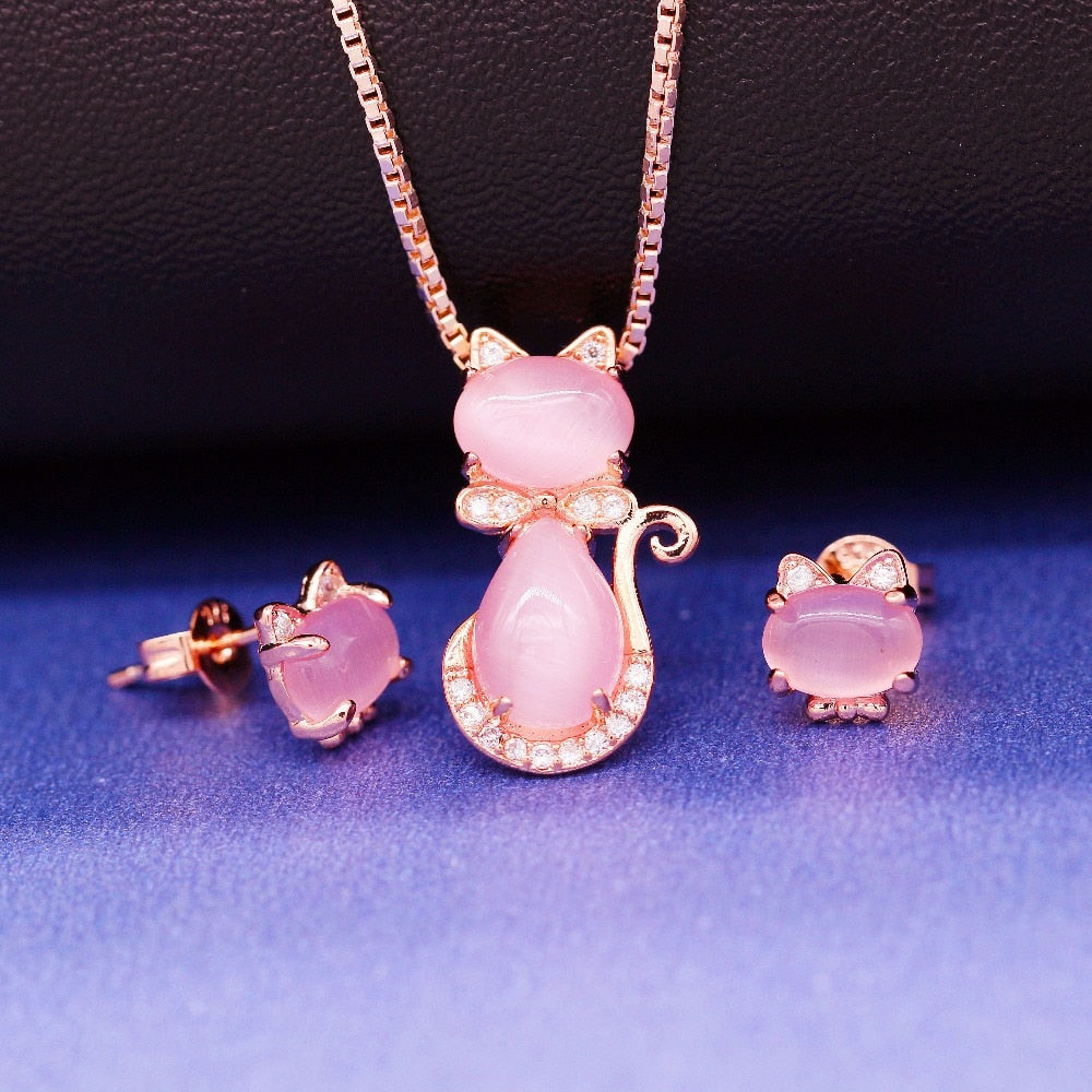 Rose Gold Cat Earrings and Necklace Sets